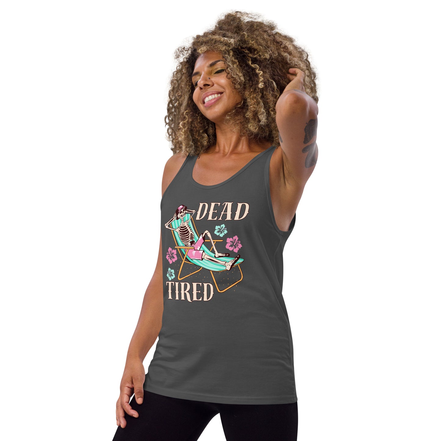 Dead Tired skeleton lounging around Unisex Tank Top
