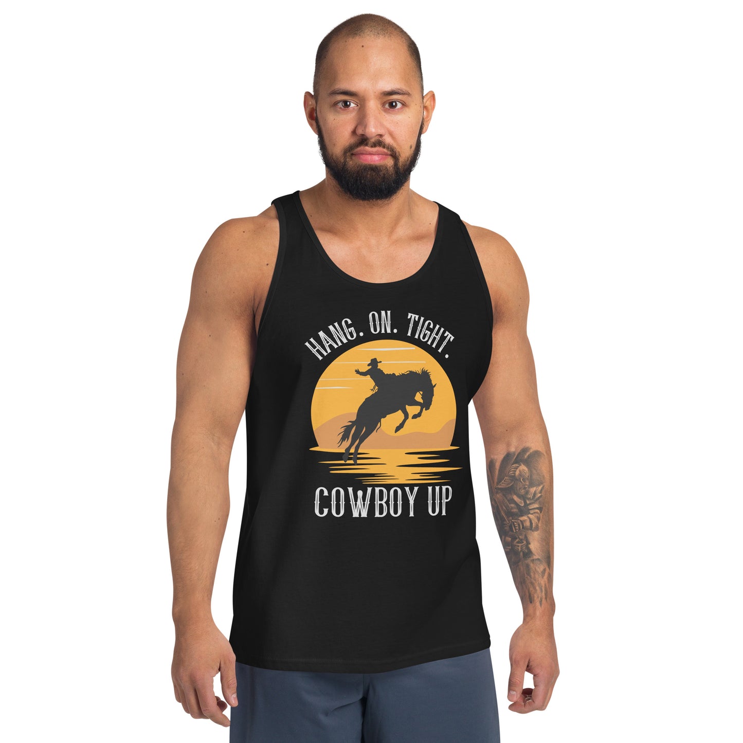 Hang on tight. Cowboy Up Unisex Tank Top