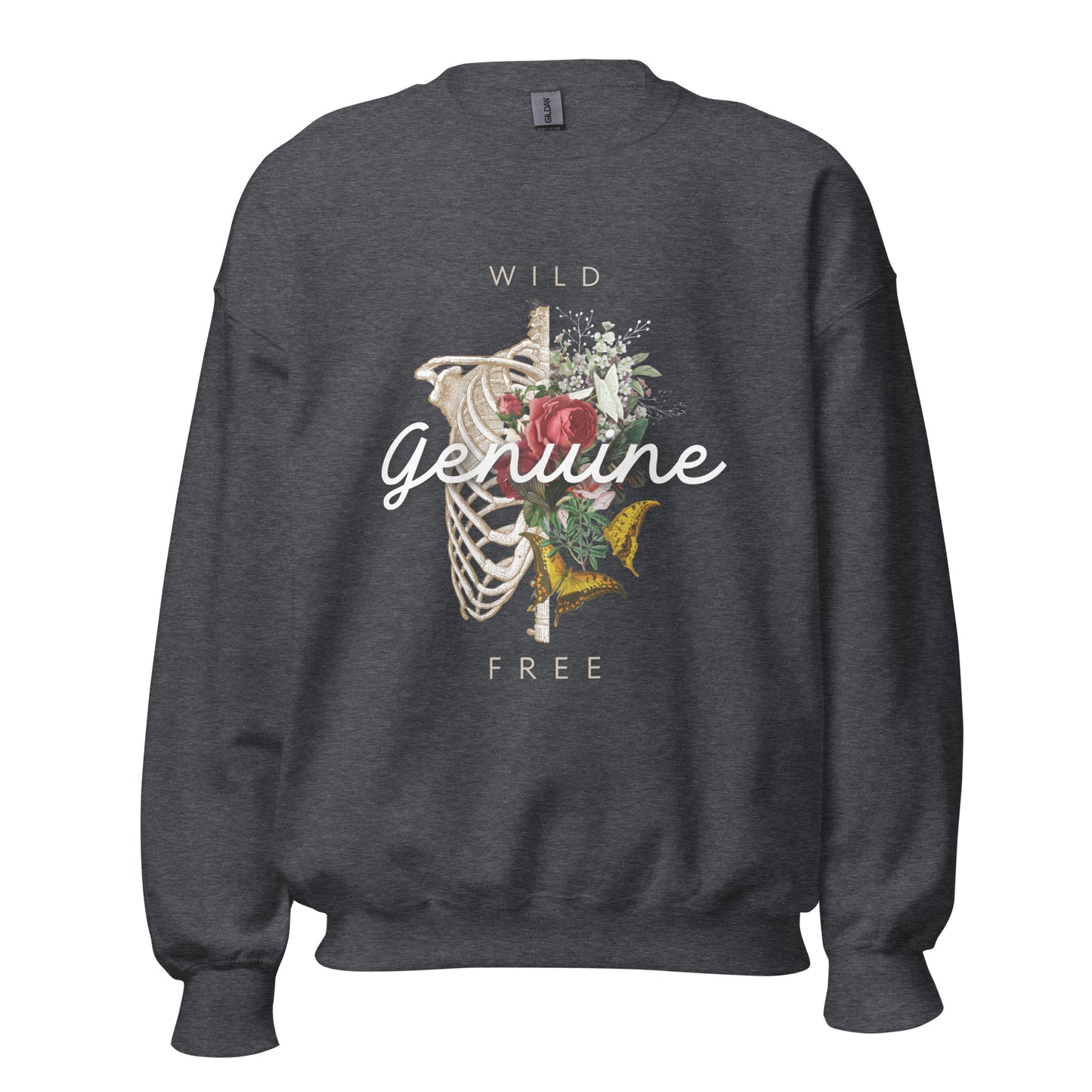 Wild, Free, GENUINE. Floral Skeleton illustration Unisex Sweatshirt