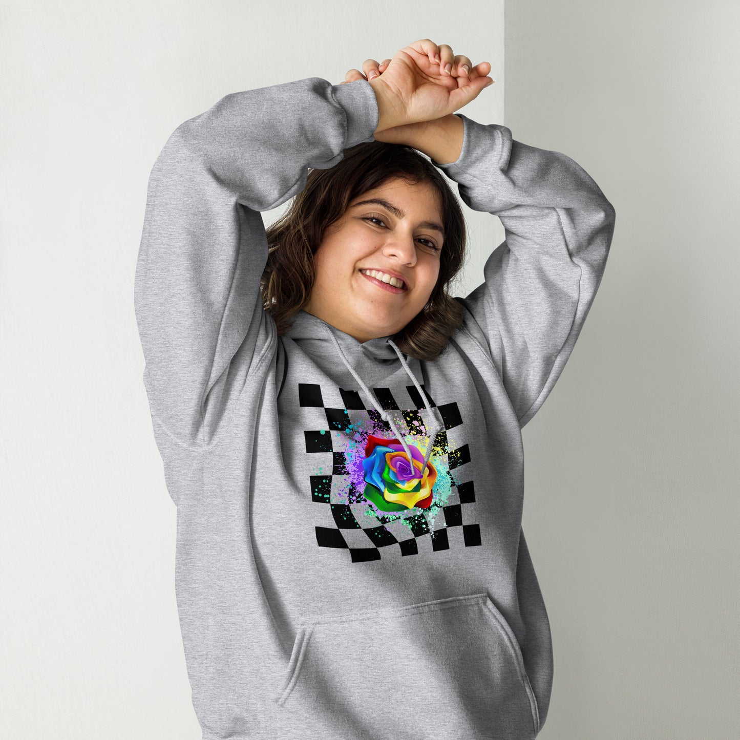 Checkered Paint Splatter Rose Unisex Hoodie