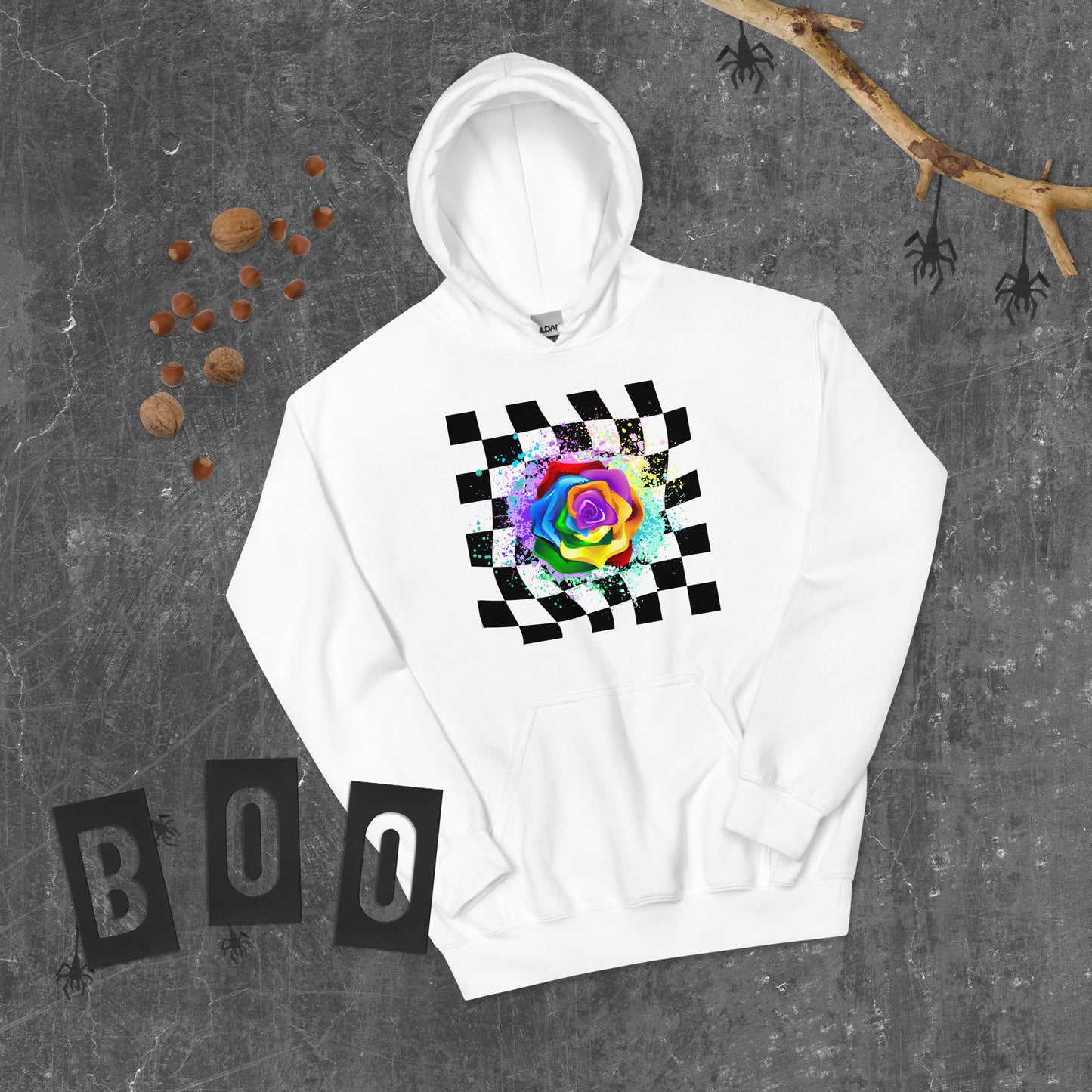 Checkered Paint Splatter Rose Unisex Hoodie