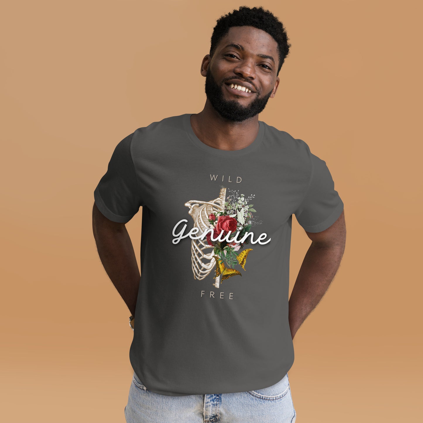 Wild, Free, GENUINE - Floral skeleton illustration Unisex t-shirt