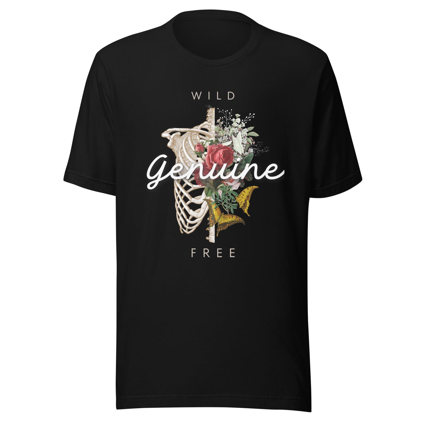 Wild, Free, GENUINE - Floral skeleton illustration Unisex t-shirt