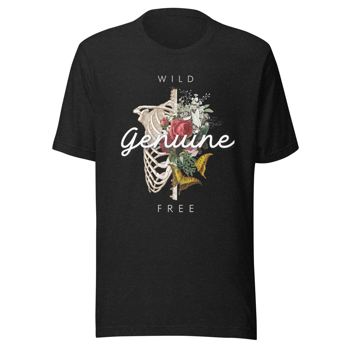 Wild, Free, GENUINE - Floral skeleton illustration Unisex t-shirt