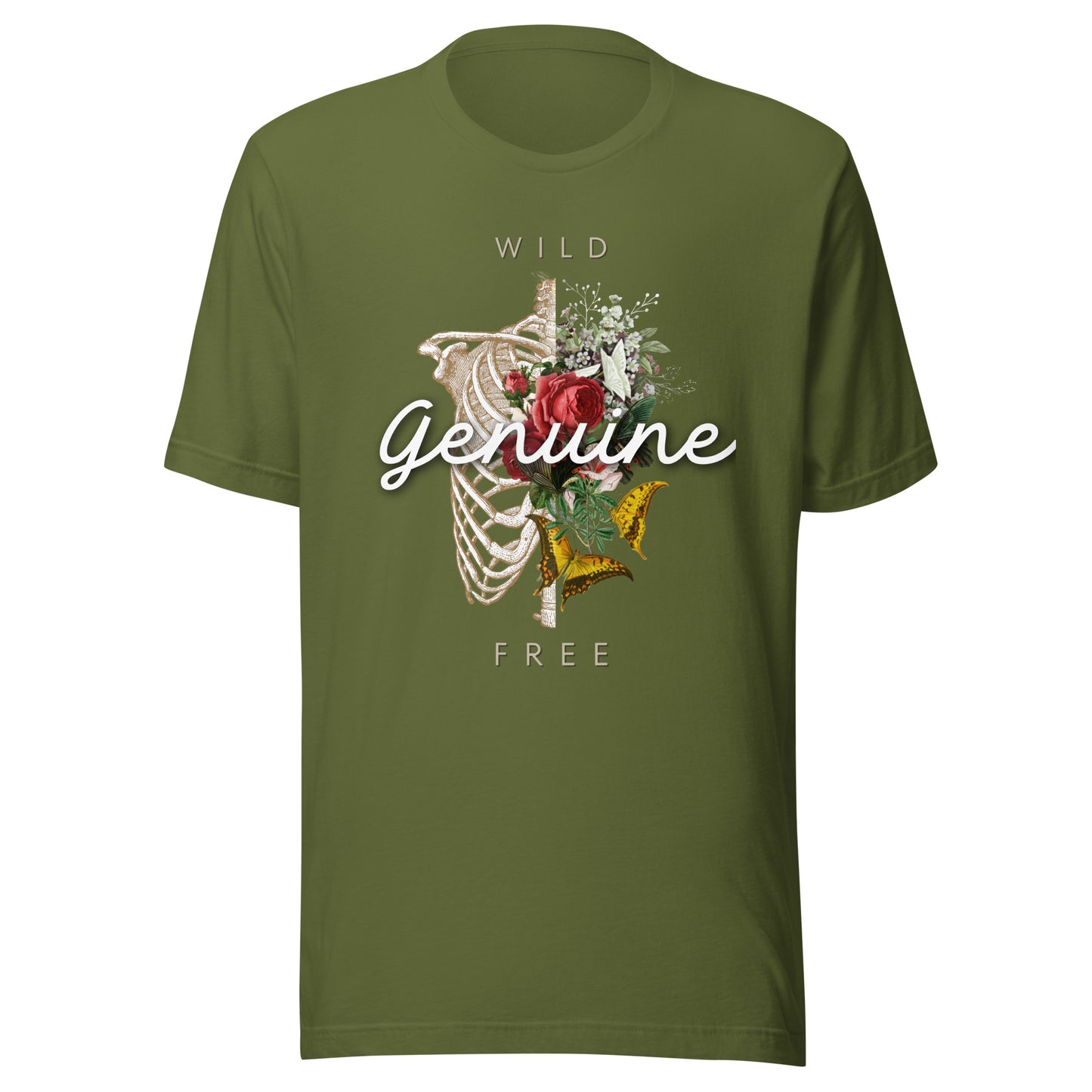 Wild, Free, GENUINE - Floral skeleton illustration Unisex t-shirt