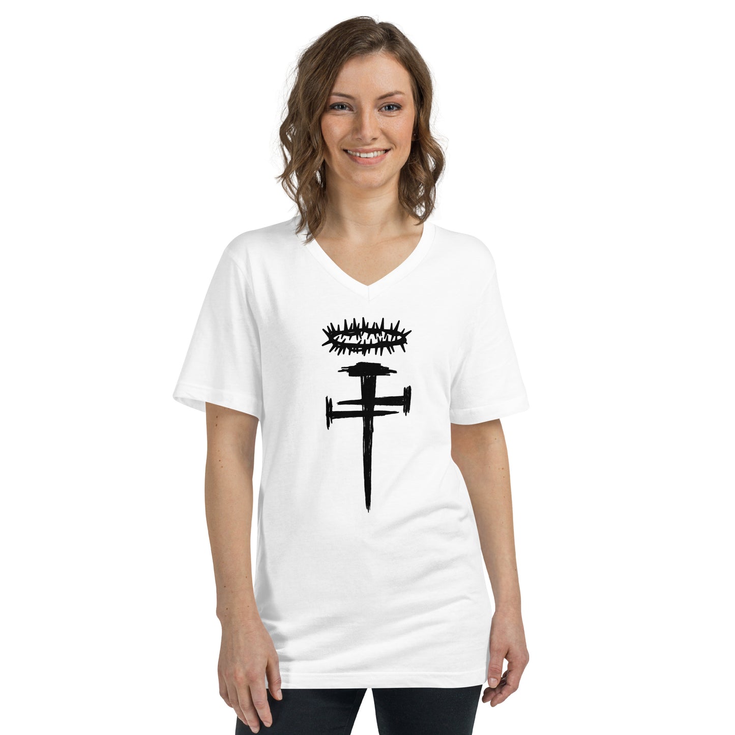 Nail Cross Crown of Thorns Unisex Short Sleeve V-Neck T-Shirt