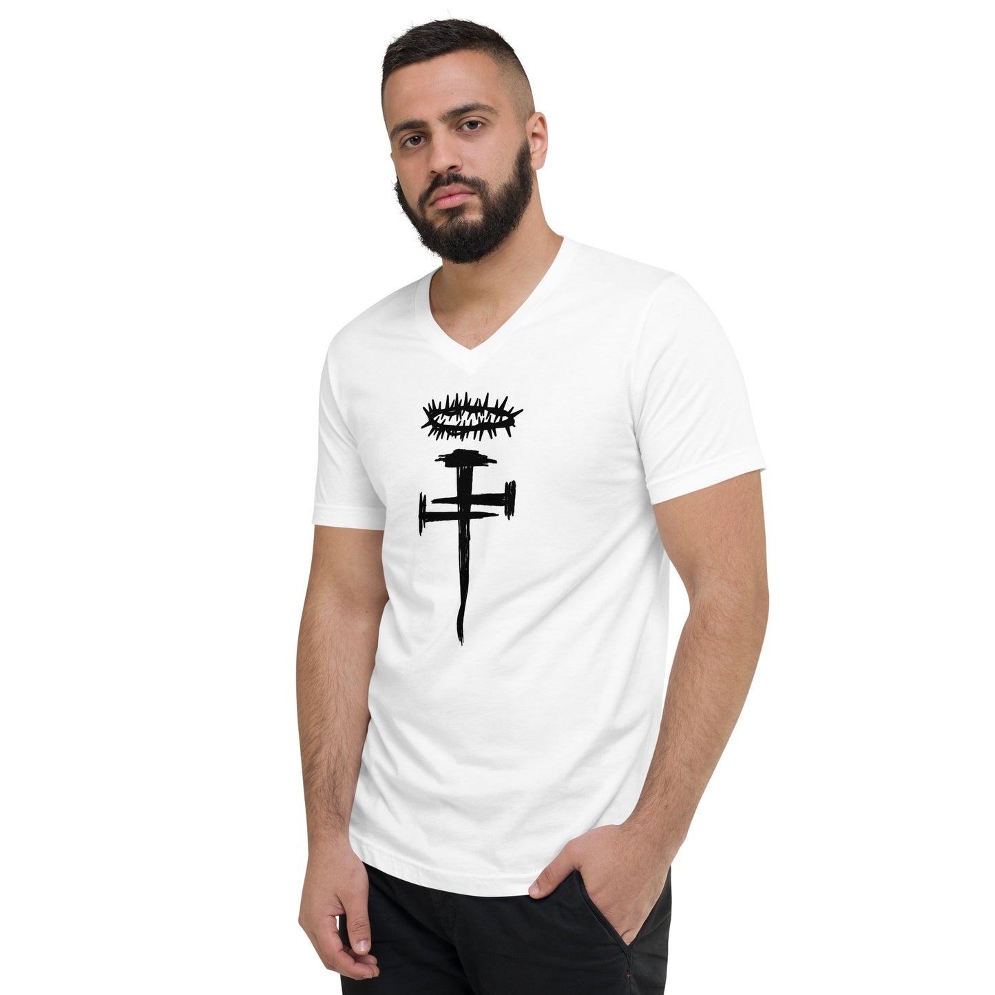 Nail Cross Crown of Thorns Unisex Short Sleeve V-Neck T-Shirt