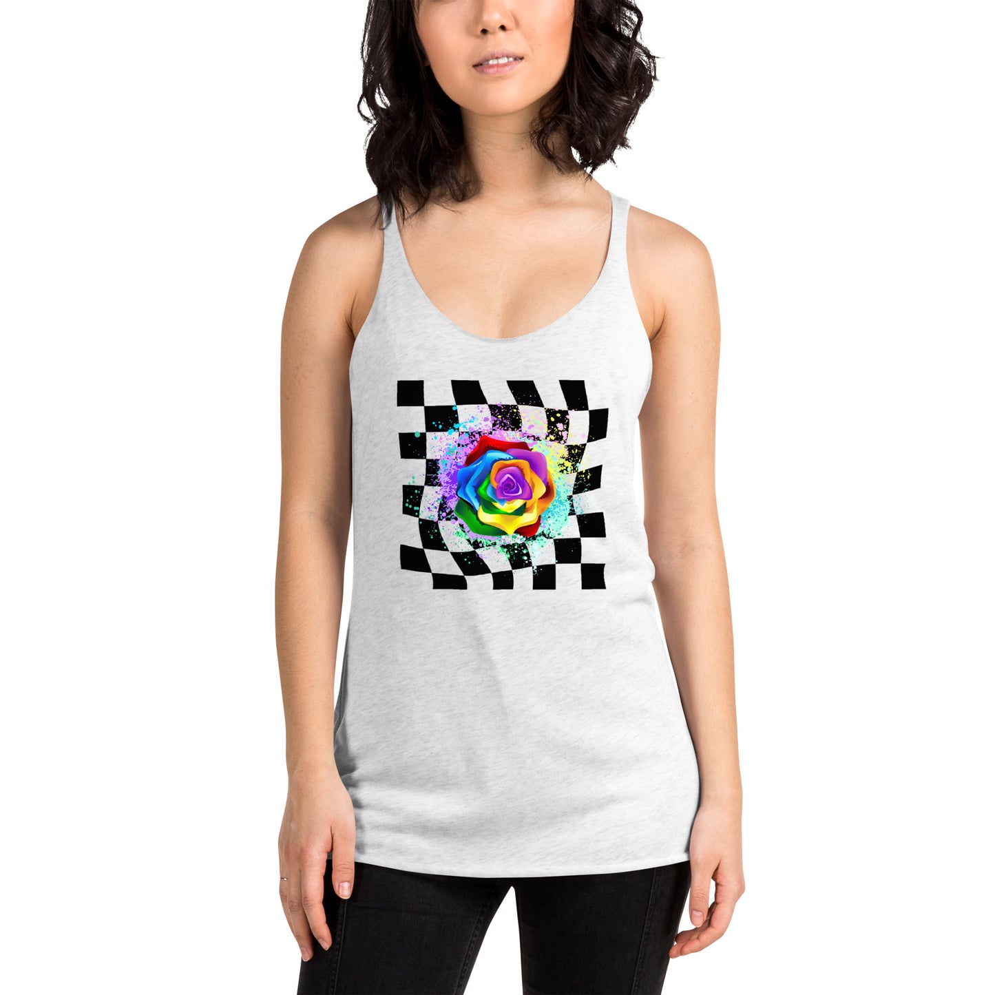 Checkered Paint Splatter Rose Women's Racerback Tank