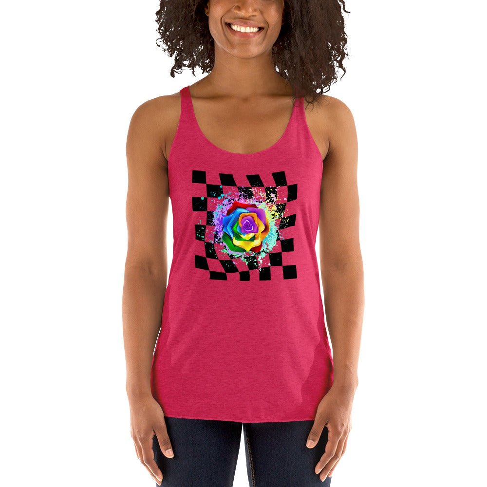 Checkered Paint Splatter Rose Women's Racerback Tank