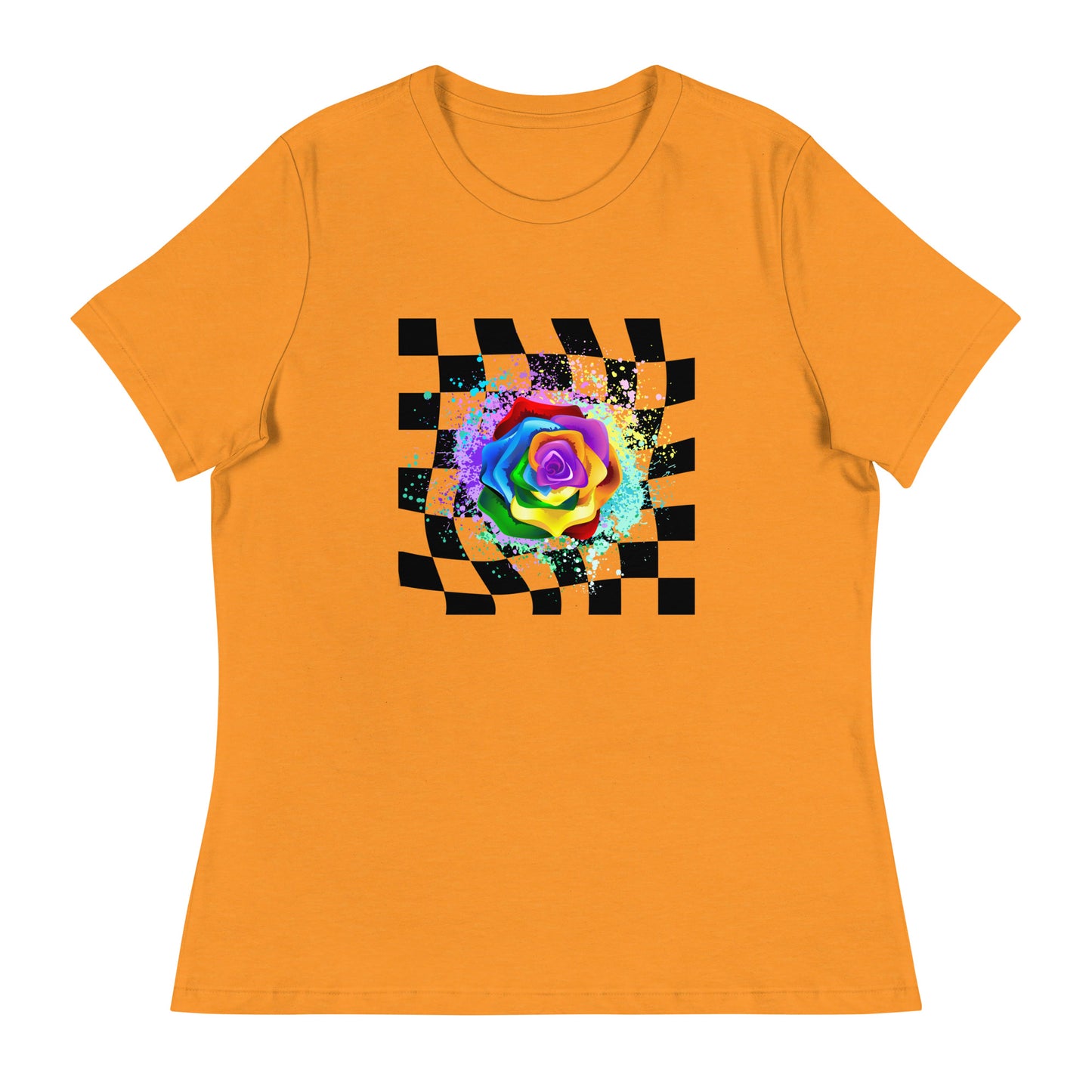 Checkered Paint Splatter Rose Women's Relaxed T-Shirt