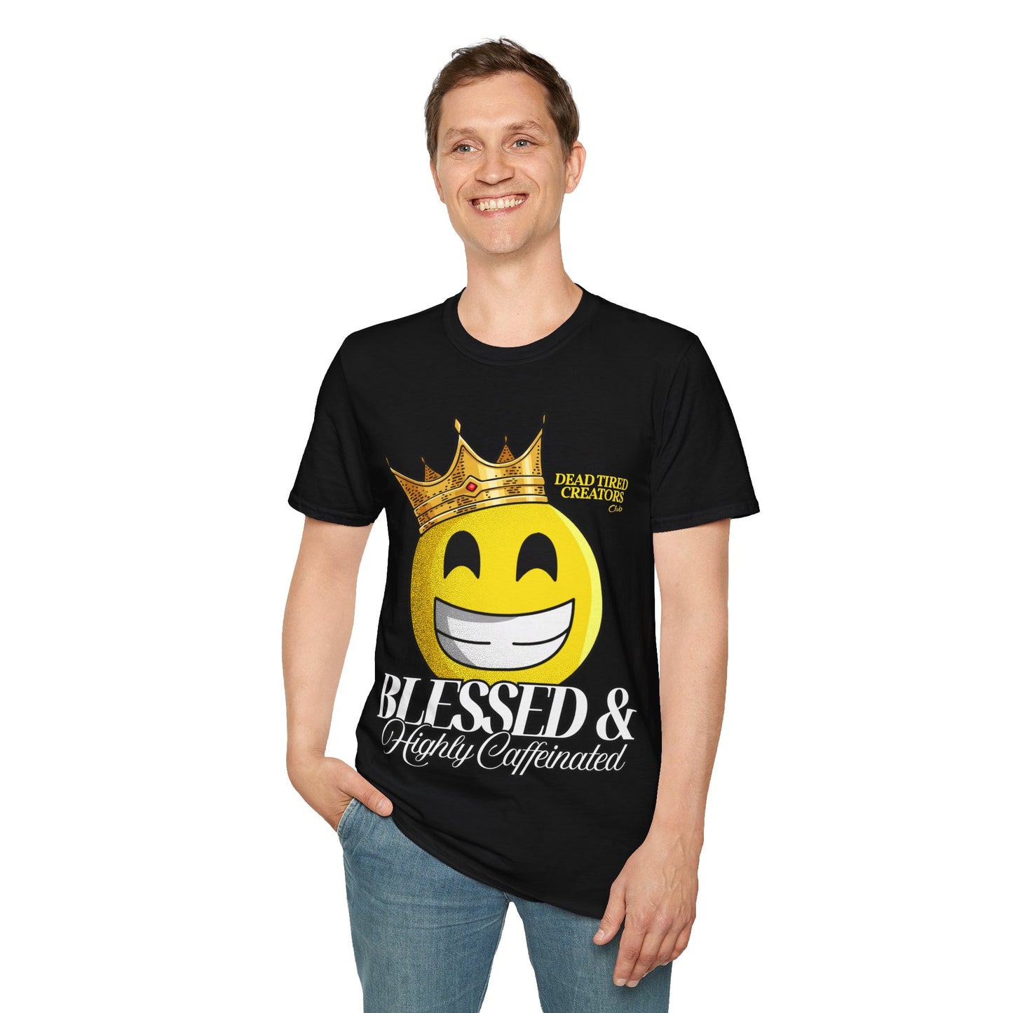 Blessed & Heavily Caffeinated Smiley Unisex Softstyle T-Shirt