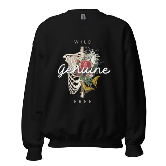 Wild, Free, GENUINE. Floral Skeleton illustration Unisex Sweatshirt