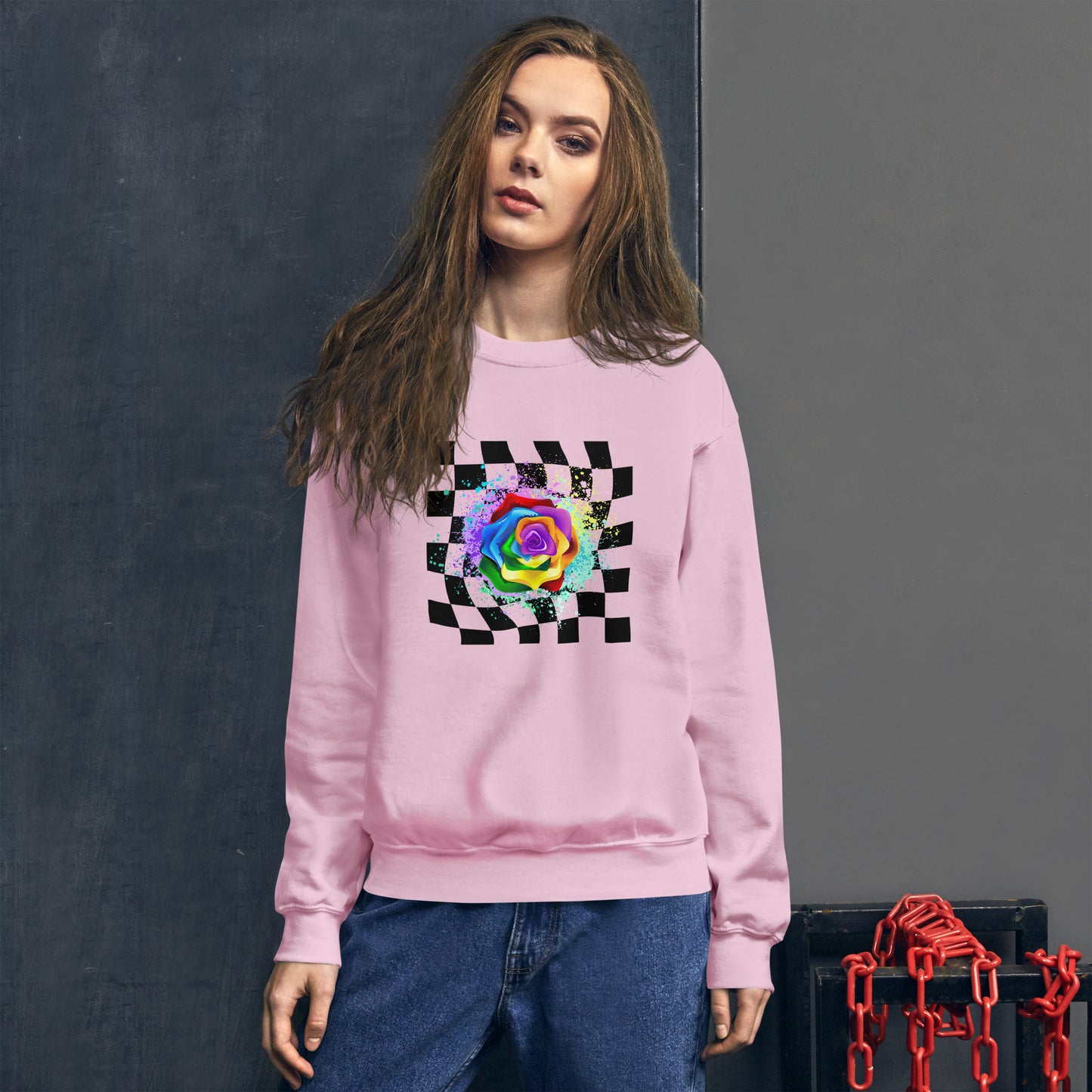 Checkered Paint Splatter Rose Unisex Sweatshirt
