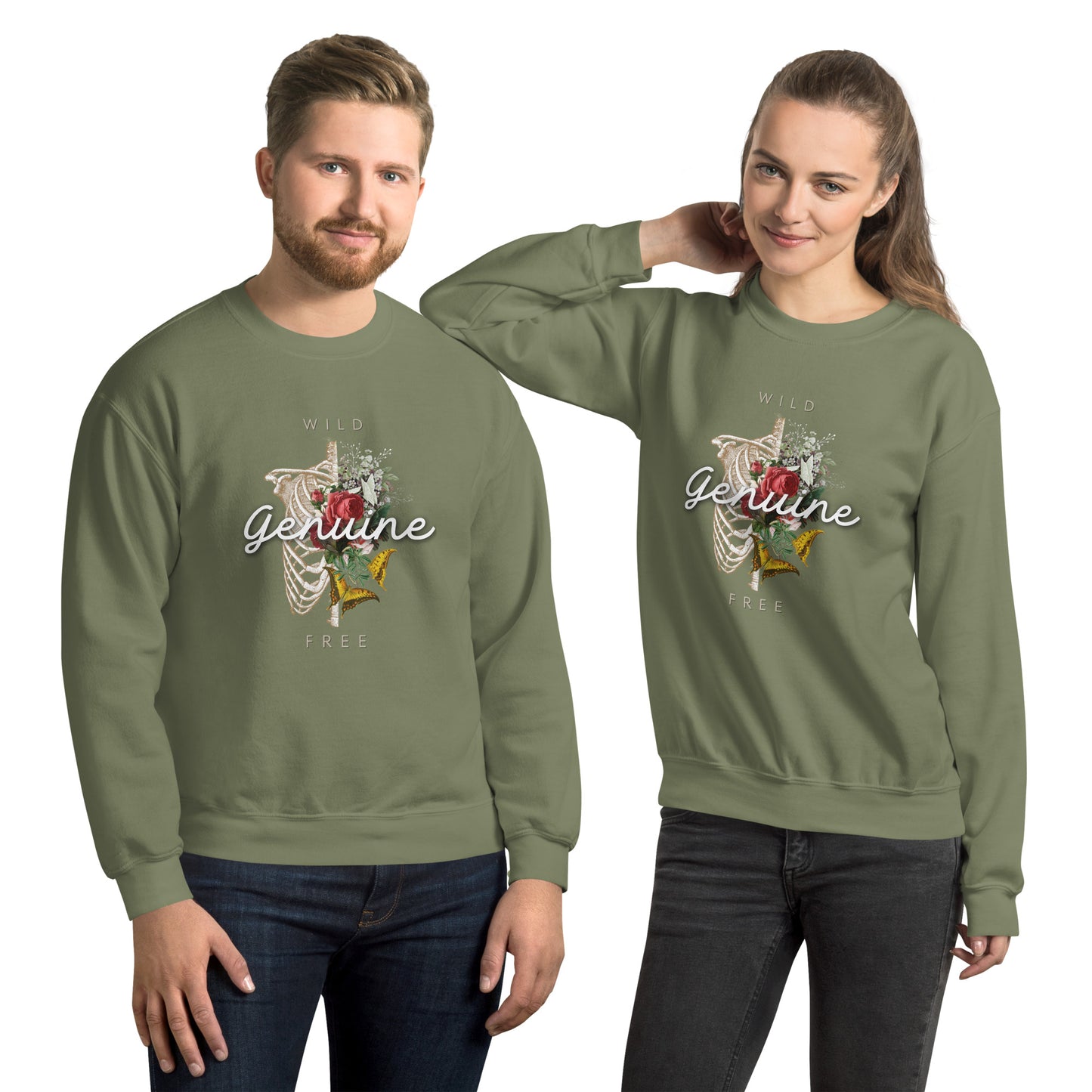 Wild, Free, GENUINE. Floral Skeleton illustration Unisex Sweatshirt