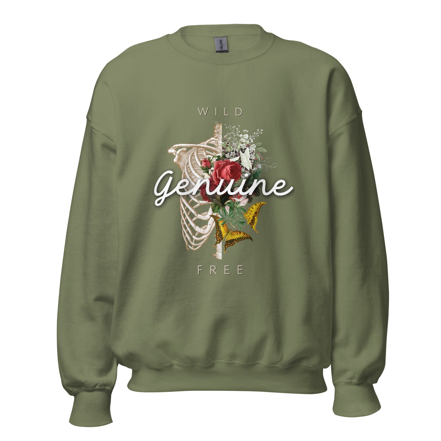Wild, Free, GENUINE. Floral Skeleton illustration Unisex Sweatshirt