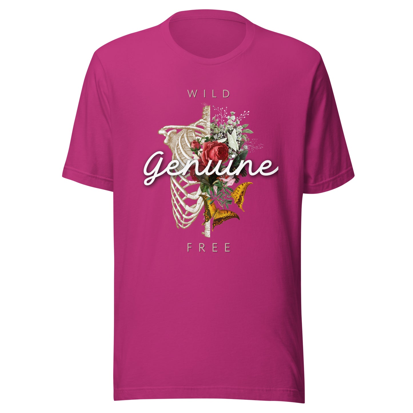 Wild, Free, GENUINE - Floral skeleton illustration Unisex t-shirt