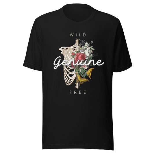 Wild, Free, GENUINE - Floral skeleton illustration Unisex t-shirt