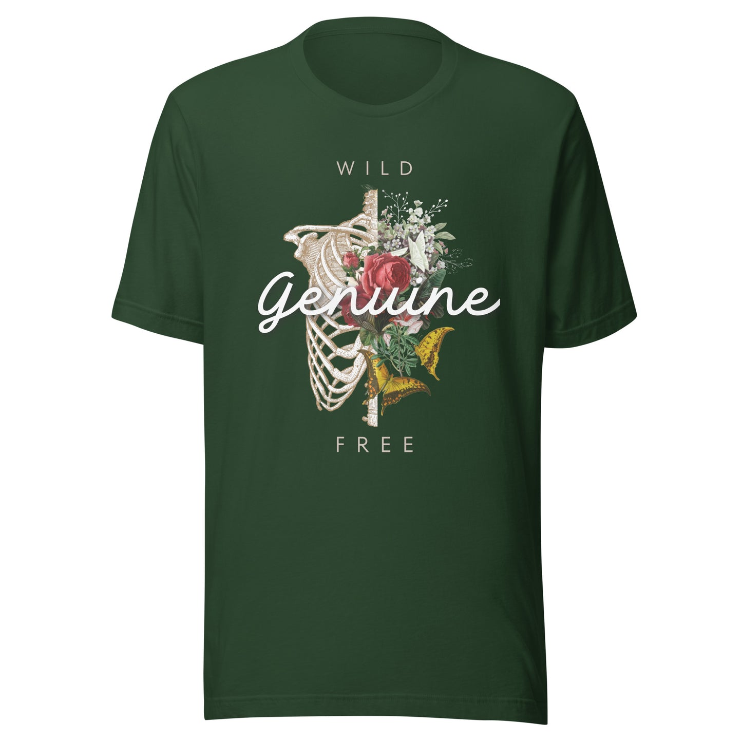Wild, Free, GENUINE - Floral skeleton illustration Unisex t-shirt