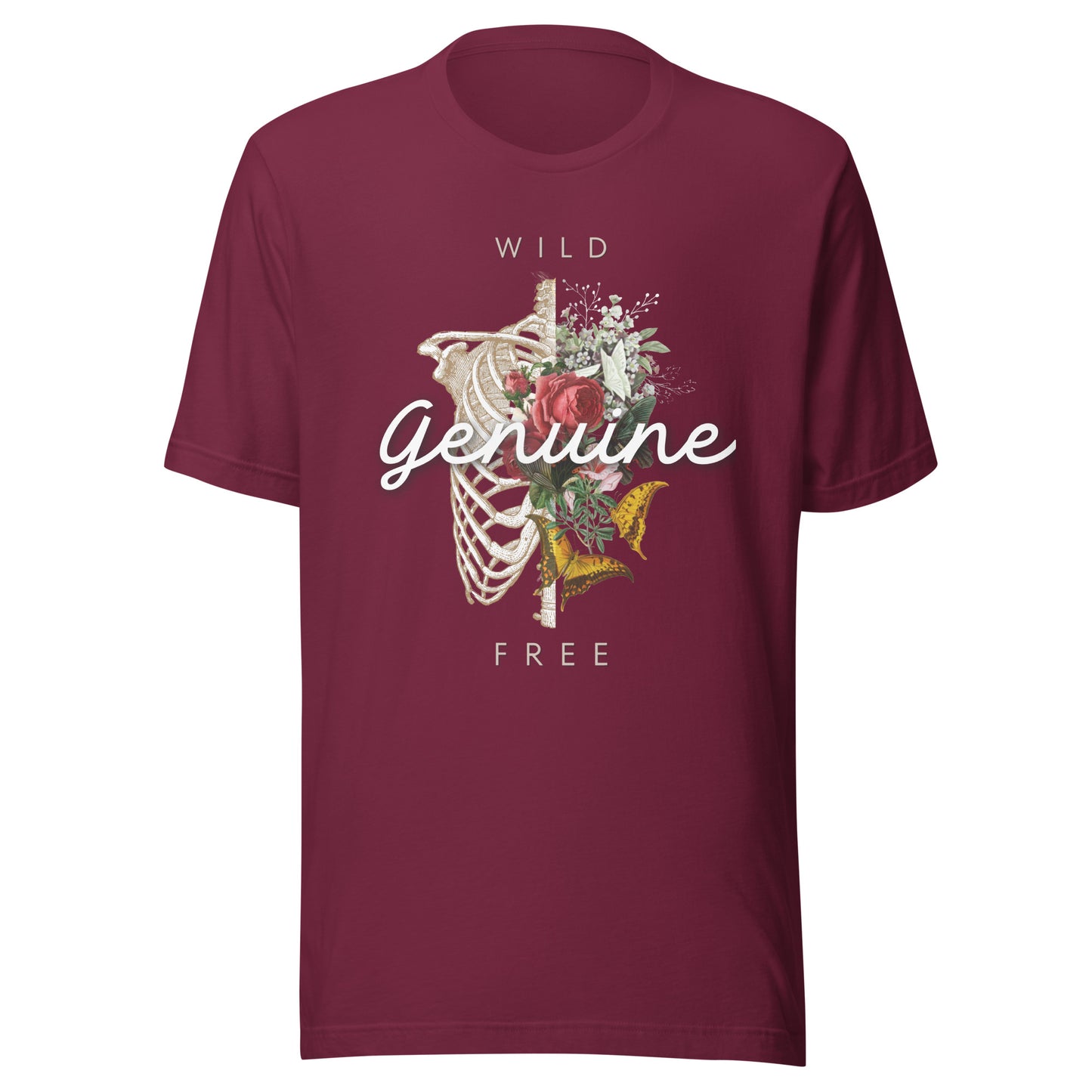 Wild, Free, GENUINE - Floral skeleton illustration Unisex t-shirt
