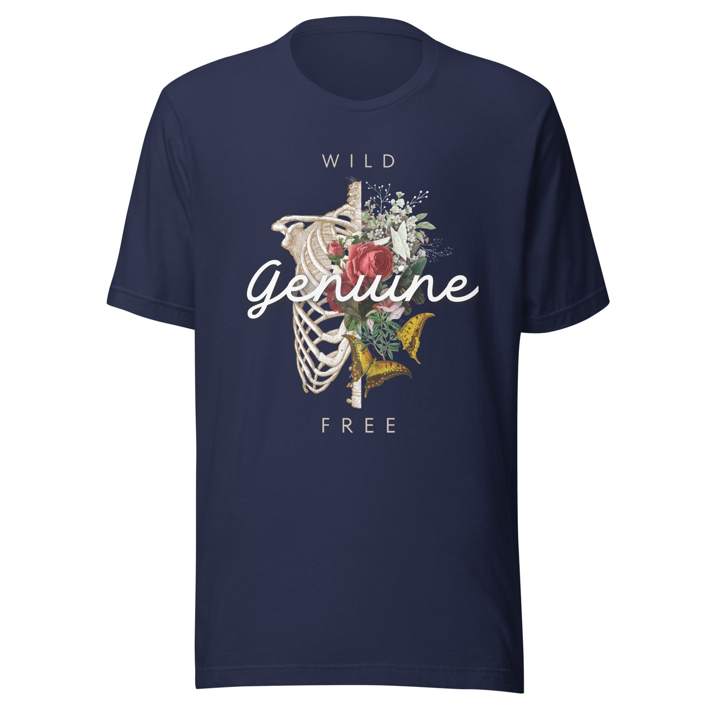 Wild, Free, GENUINE - Floral skeleton illustration Unisex t-shirt