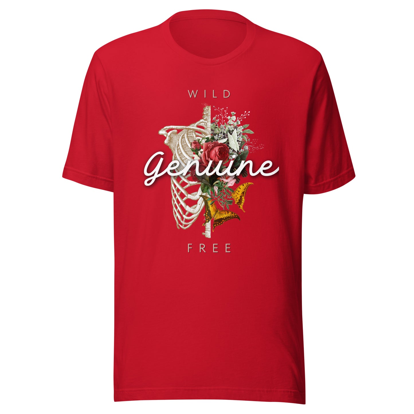 Wild, Free, GENUINE - Floral skeleton illustration Unisex t-shirt