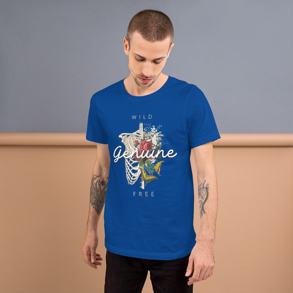 Wild, Free, GENUINE - Floral skeleton illustration Unisex t-shirt